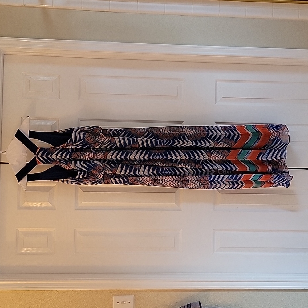 Multicolor maxi dress, blue, orange, green/turquoise and white, sheer dress